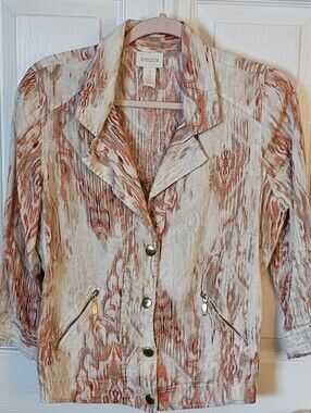Chico's Women's Size 1 Orange White Linen 3/4 Sleeve Button Front Jacket